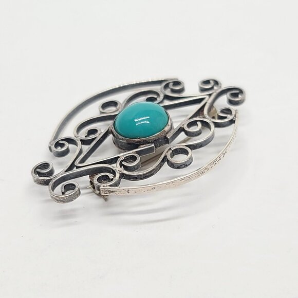 Taxco Mexico Sterling Silver 925 Filigree Eye Brooch Pin Blue Turquoise Cabochon - Picture 5 of 8